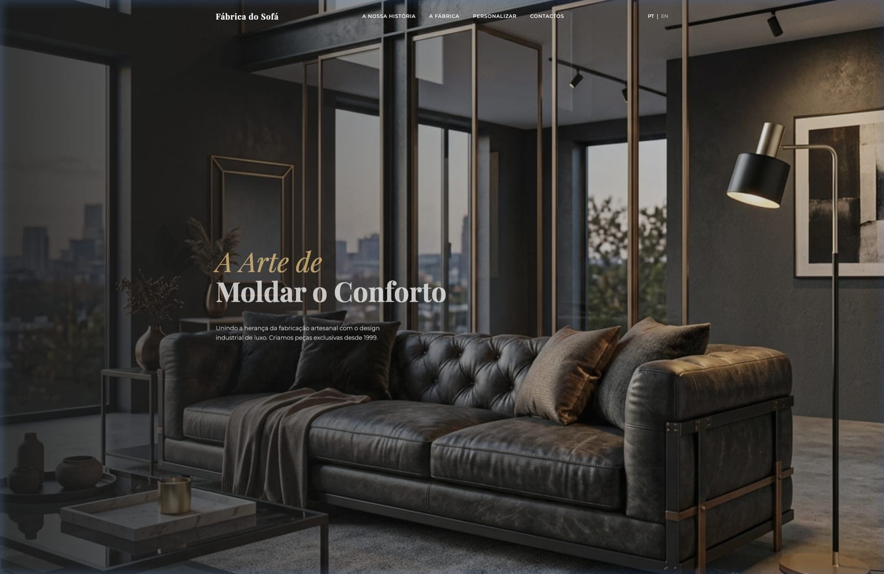 Deep-buttoned dark leather sofa in a contemporary living room
